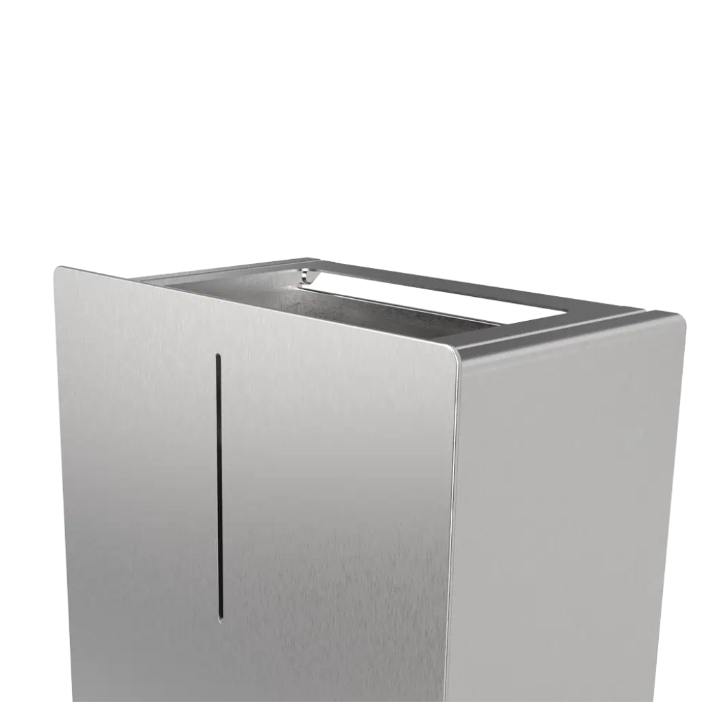 Satin steel Dan Dryer LOKI 30L waste bin, seen open at an angle.