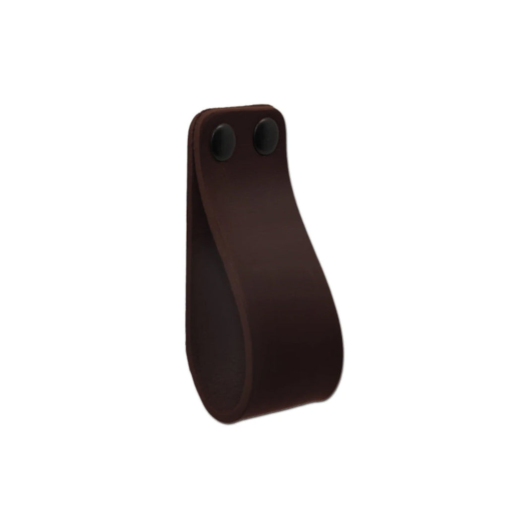 chocolate brown leather loop cabinet pull with 2 black capped fasteners from Chapman and Bose