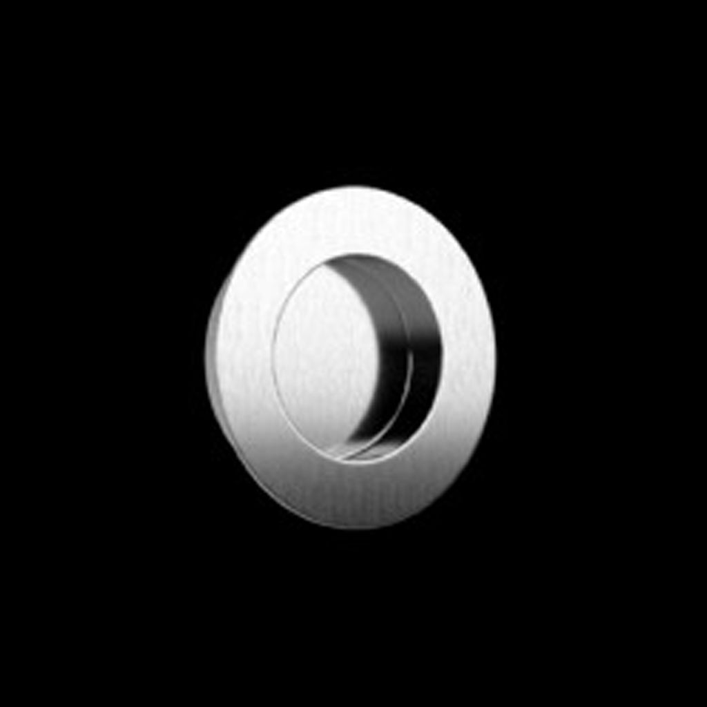 A black and white photo of the AHI Large Round Flush Pull, a metal object.