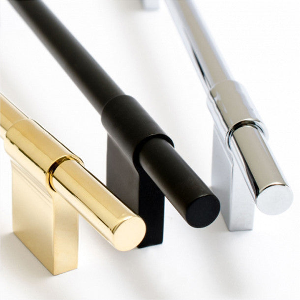 Black, Brass, and Stainless linear cabinet handles