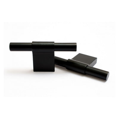 Simple T-shaped solid black chrome knobs. Elegant and minimal.