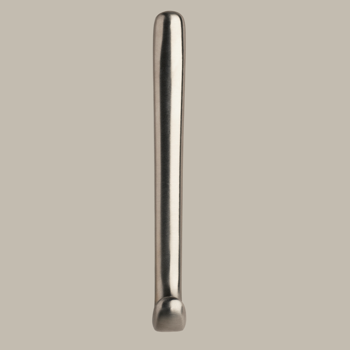 Long J shaped hook in satin nickel, front view.