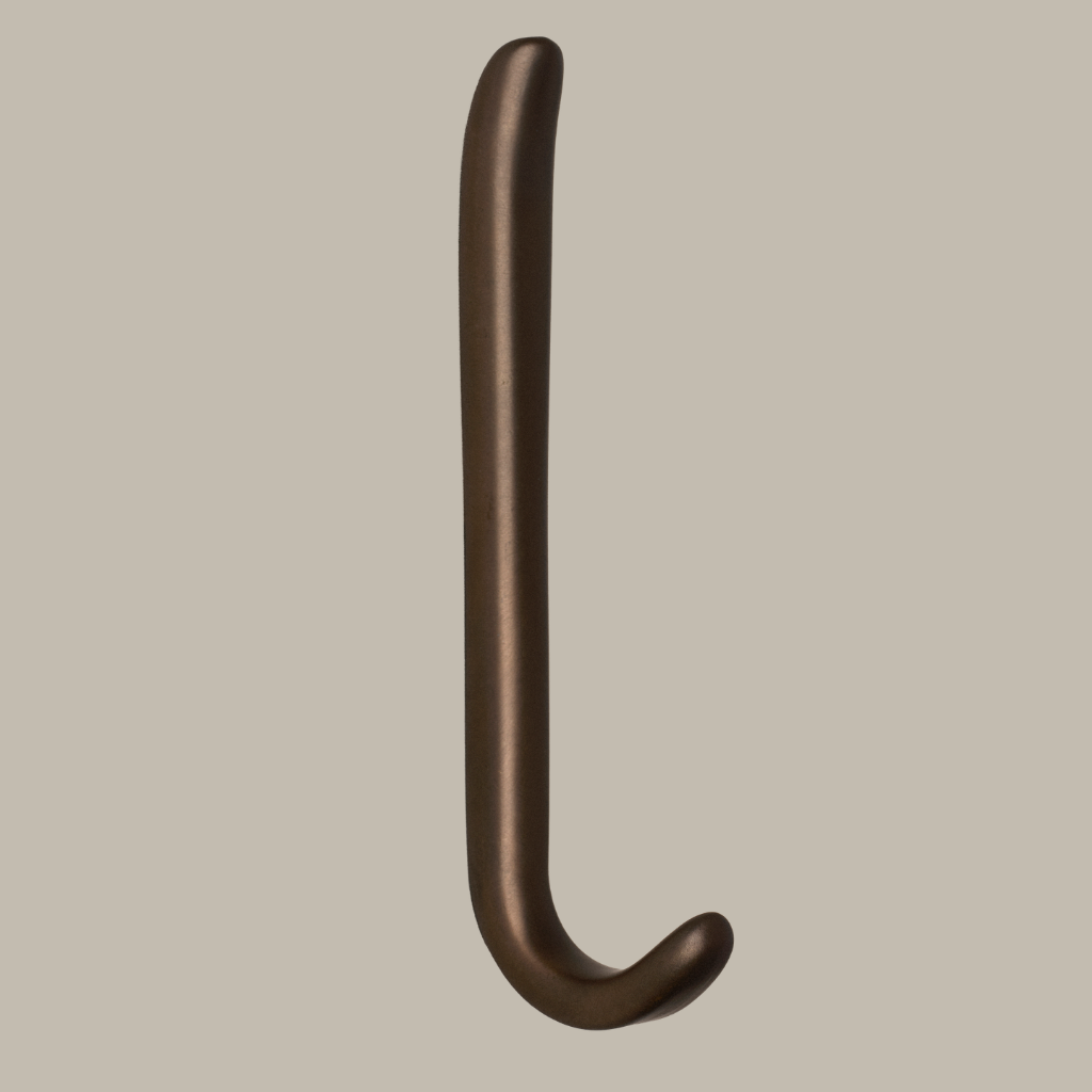 Long J shaped hook in dark brass, side view.