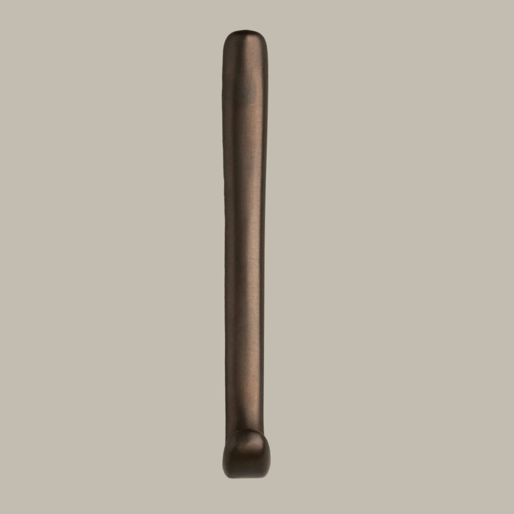 Long J shaped hook in dark brass, front view.