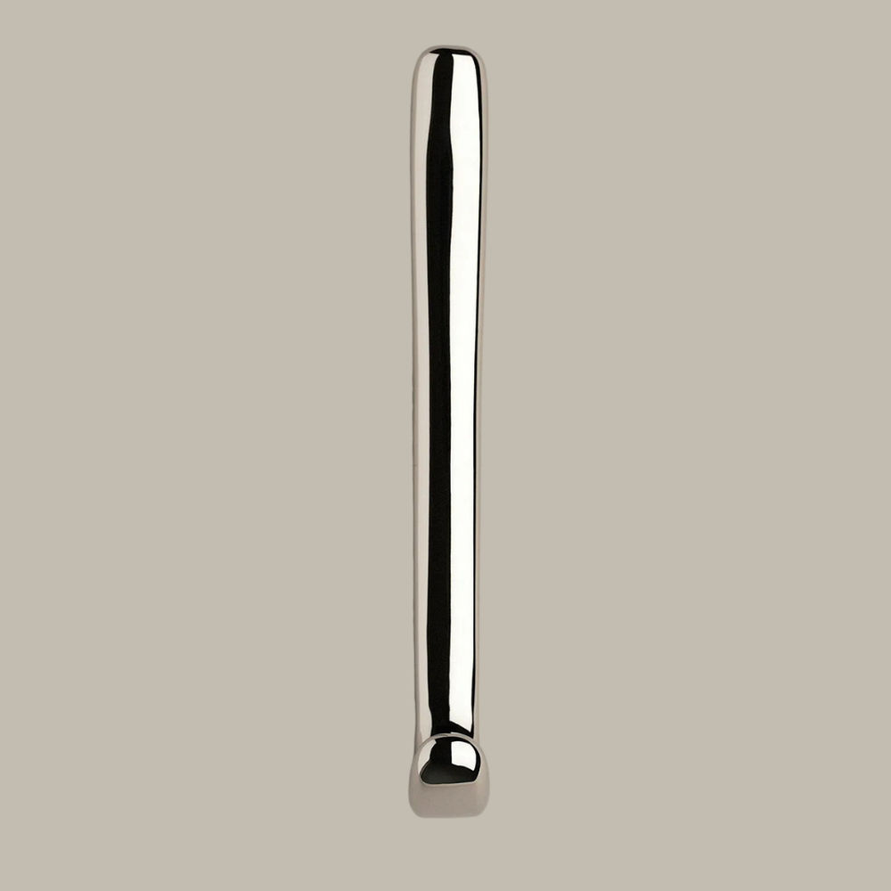 Long J shaped hook in polished nickel, front view.