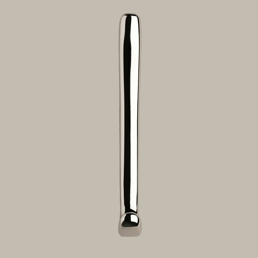 Long J shaped hook in polished nickel, front view.