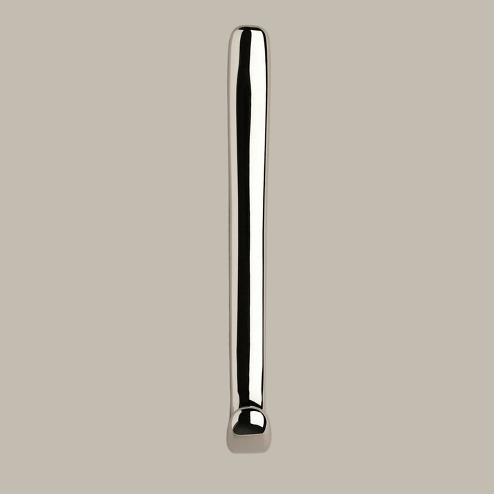 Long J shaped hook in polished nickel, front view.