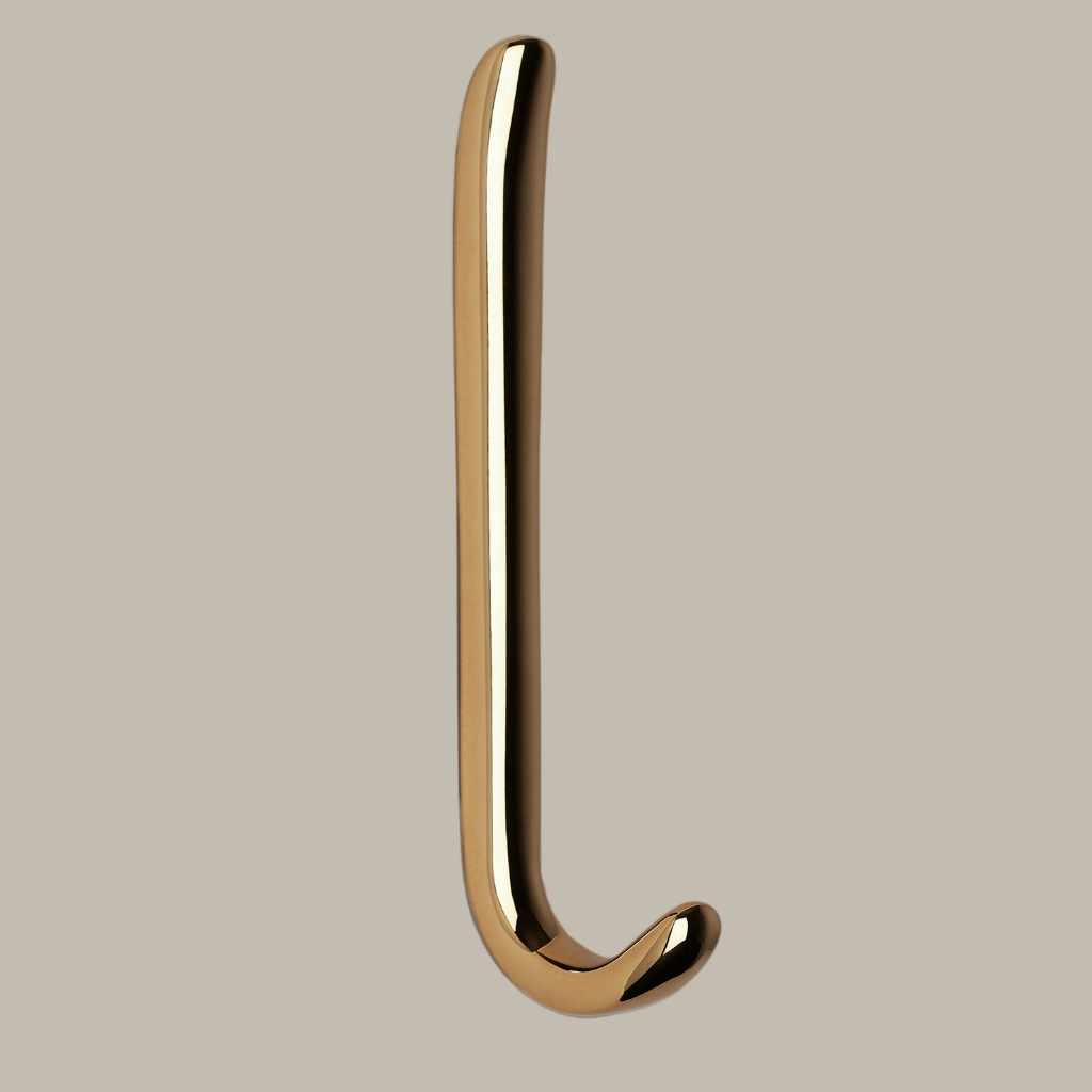 Long J shaped hook in polished brass, side view.