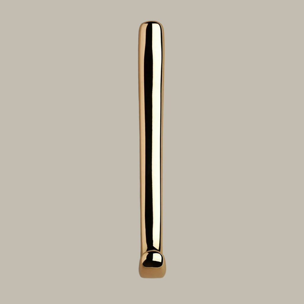 Long J shaped hook in polished brass, front view.