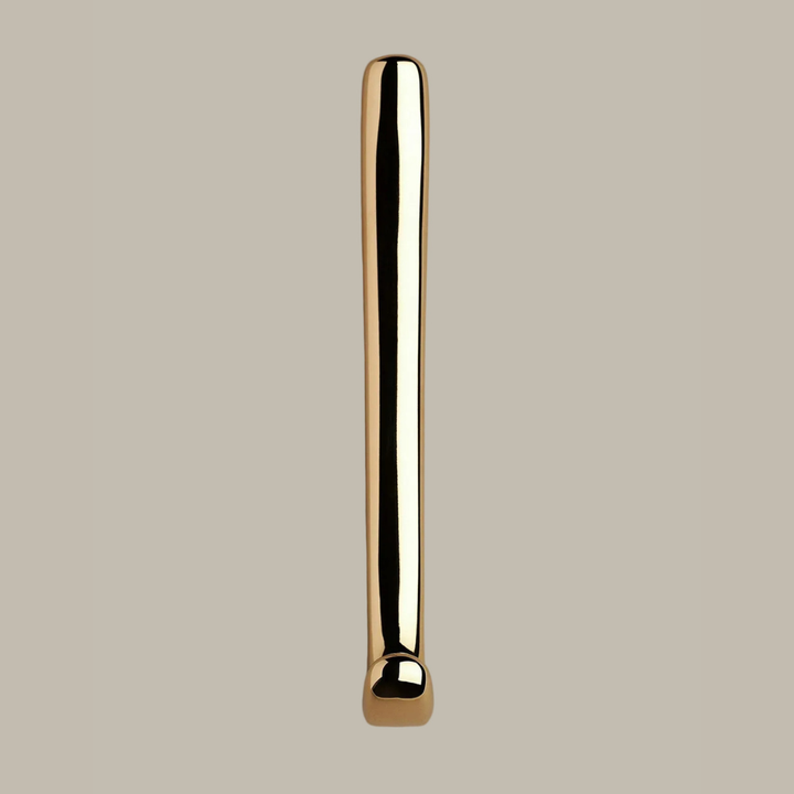 Long J shaped hook in polished brass, front view.