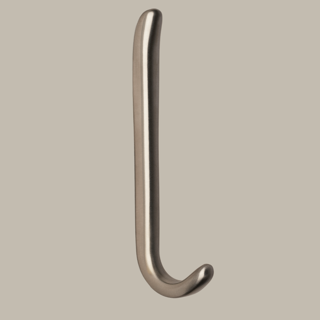 Long J shaped hook in satin nickel, side view.