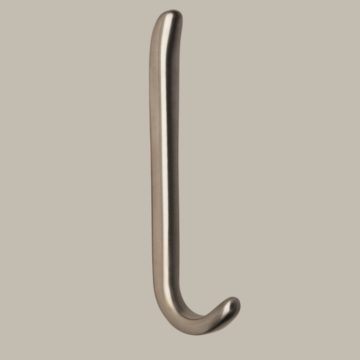 Long J shaped hook in satin nickel, side view.