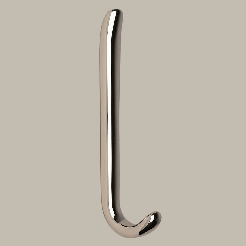 Long J shaped hook in polished nickel, side view.