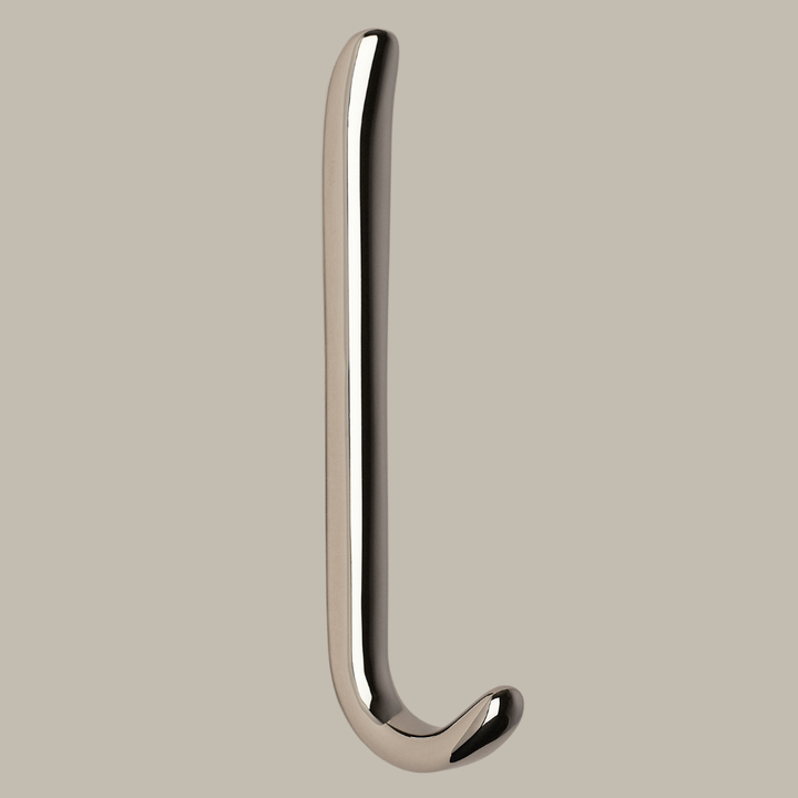 Long J shaped hook in polished nickel, side view.