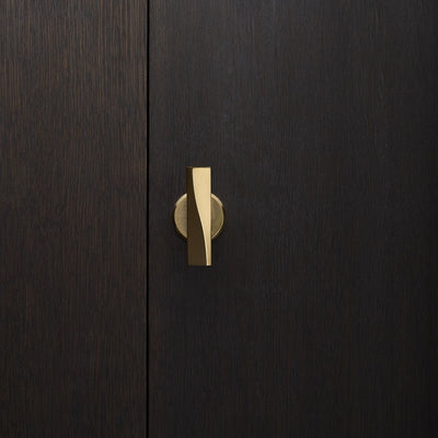 Elegant brass door knob with round rose on a dark wood door. Beautifully and functionally designed.