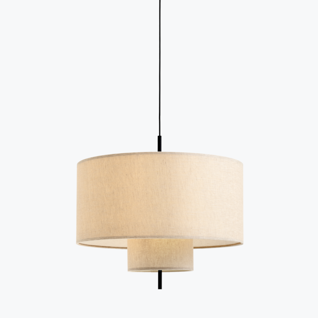 A medium, round, tiered pendant lamp hung from ceiling