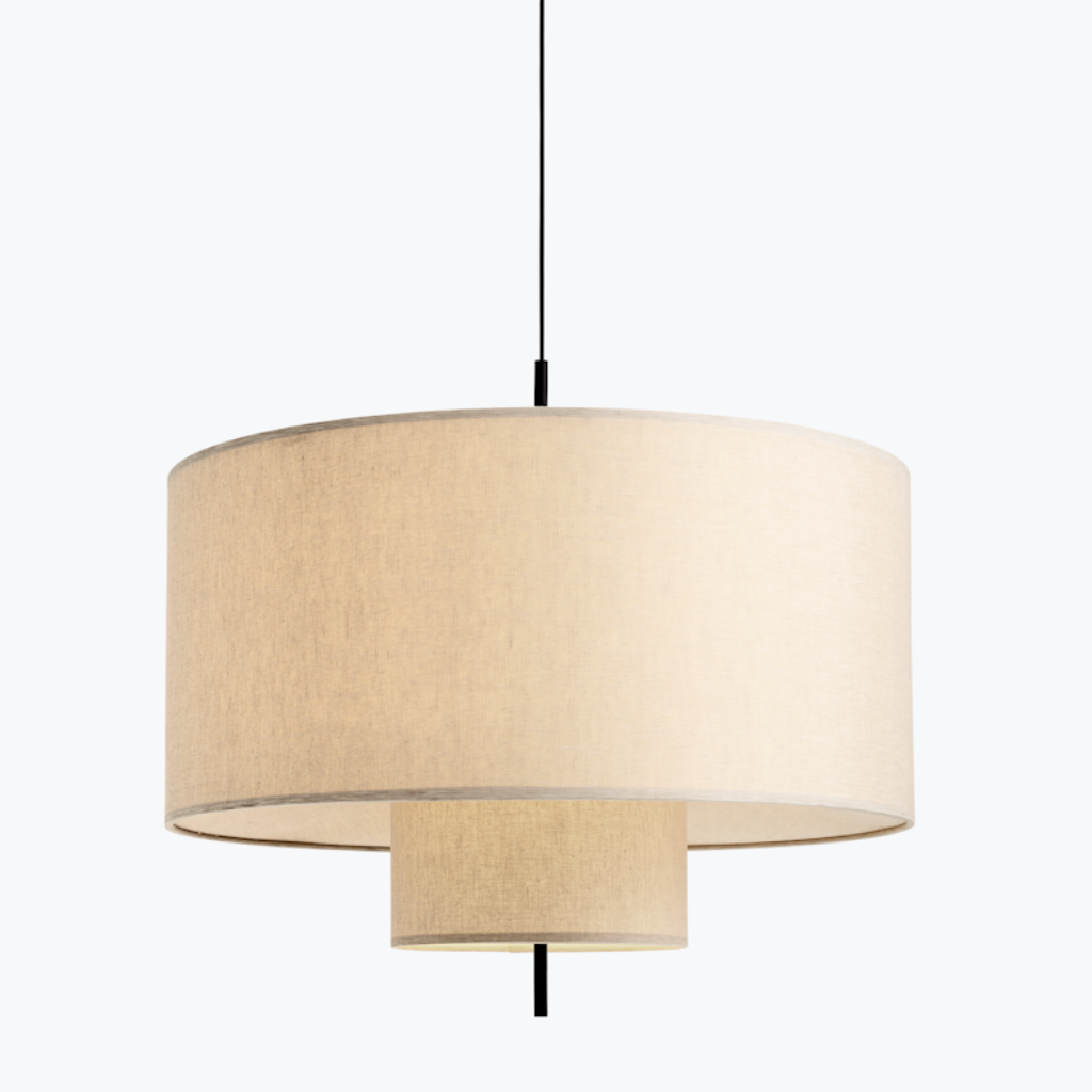 A large, round, tiered pendant lamp hung from ceiling