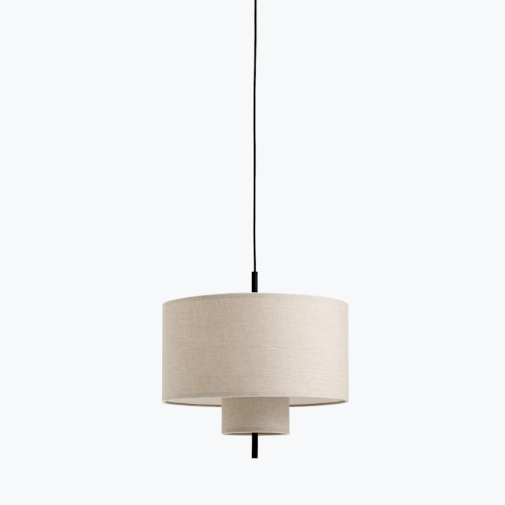 A small, round, tiered pendant lamp hung from ceiling