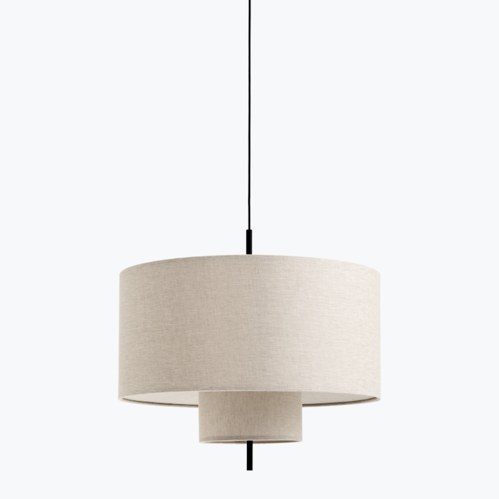 A medium, round, tiered pendant lamp hung from ceiling