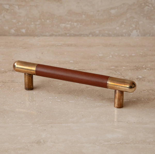 Mineral Leather Wrapped Metal Bar Pull — Unlacquered Raw Brass / Whiskey Brown / 7"