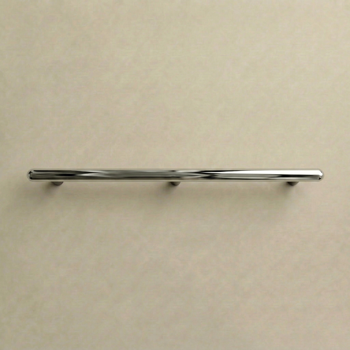 Polished chrome Chapman & Bose Mineral metal appliance bar pull, a long round bar on posts.