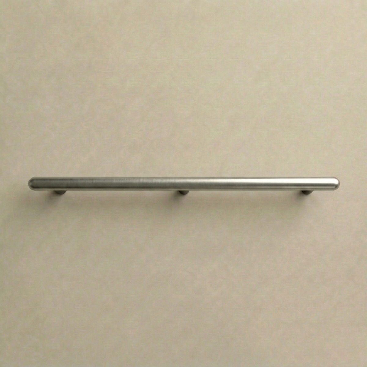 Satin stainless steel Chapman & Bose Mineral metal appliance bar pull, a long round bar on posts.