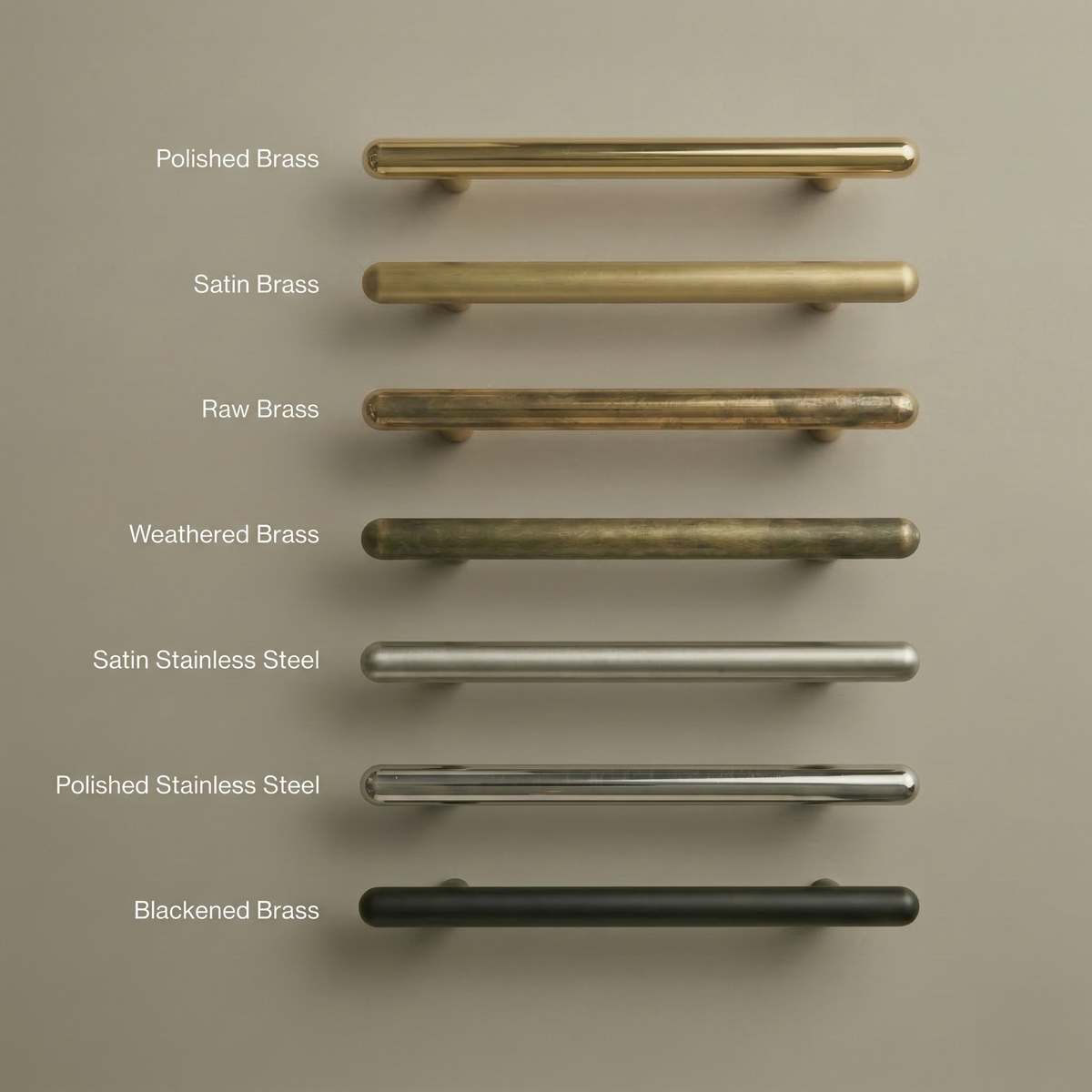 Chapman & Bose metal bar pulls shown in brass, stainless and blackened finishes.