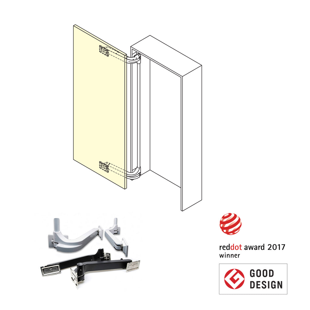 This soft close door hinge allows the door to smoothly swing out laterally in a tight radius. It is ideal for applications where space in front of the door opening is limited.  The door sits flush to the wall which gives it an exceptional, minimal look.