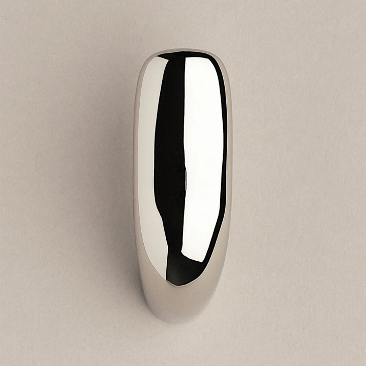Softly curved J shaped hook in polished nickel, front view.
