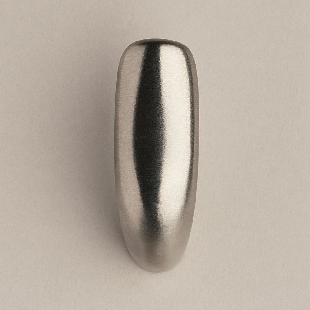 Softly curved J shaped hook in satin nickel, front view.