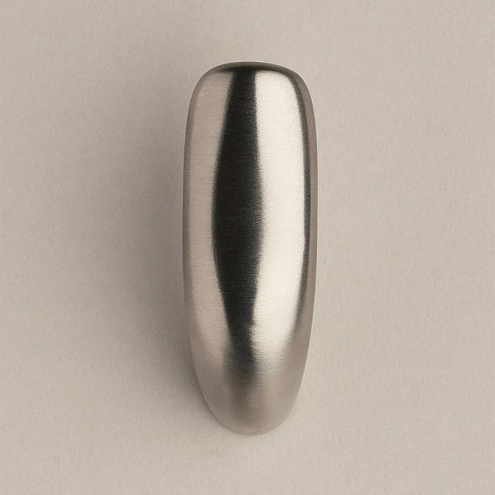 Softly curved J shaped hook in satin nickel, front view.