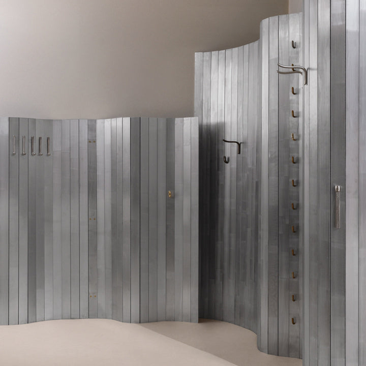 CONTEMPORARY Metallic wardrobe with vertical slats and modern sculptural hooks artfully set up. 
