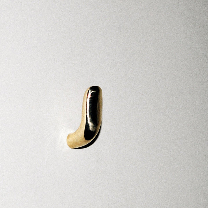Softly curved J shaped hook in polished brass, mounted to wall.