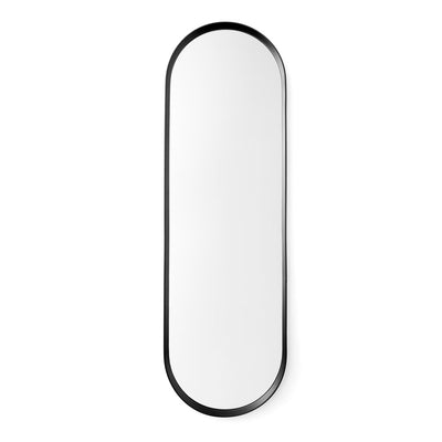 An oval wall mirror with a black powder coated frame. Designed as part of a bathroom series by Norm Architects for Menu.