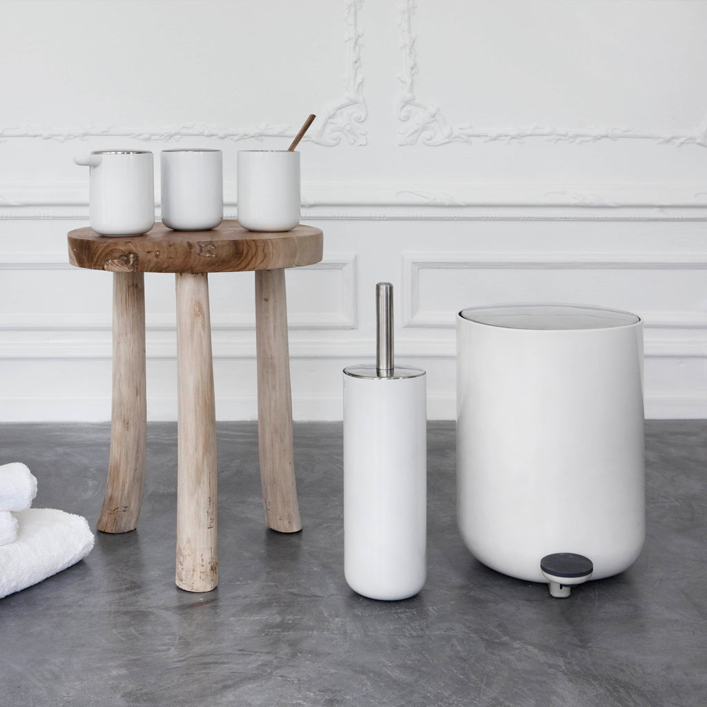 Designed for Menu, these bath items, offered in white, are available as a collection.