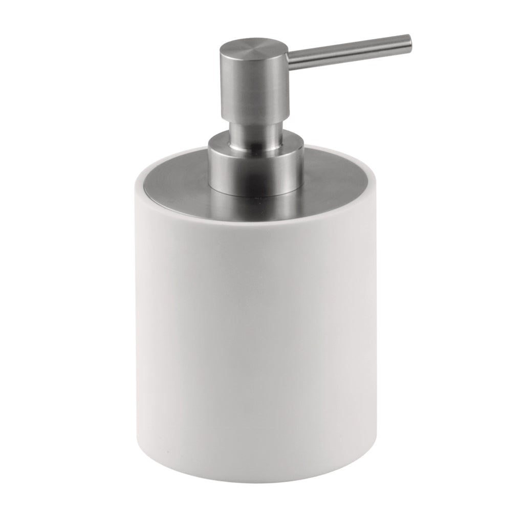 A minimal soap dispenser made of white corian and stainless steel