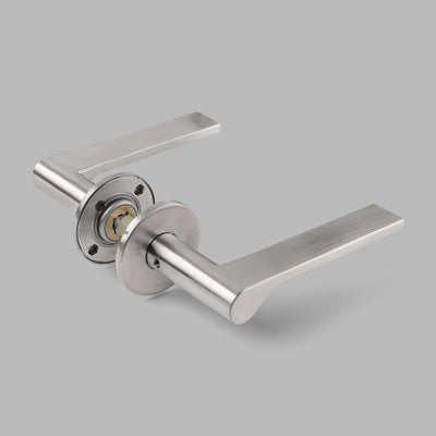 A d line ONEN Lever stainless steel door handle on a grey background.