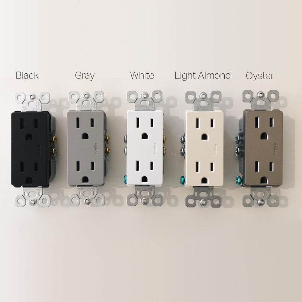 Forbes & Lomax invisible plate 1-gang outlets in black, gray, white, light almond and oyster.