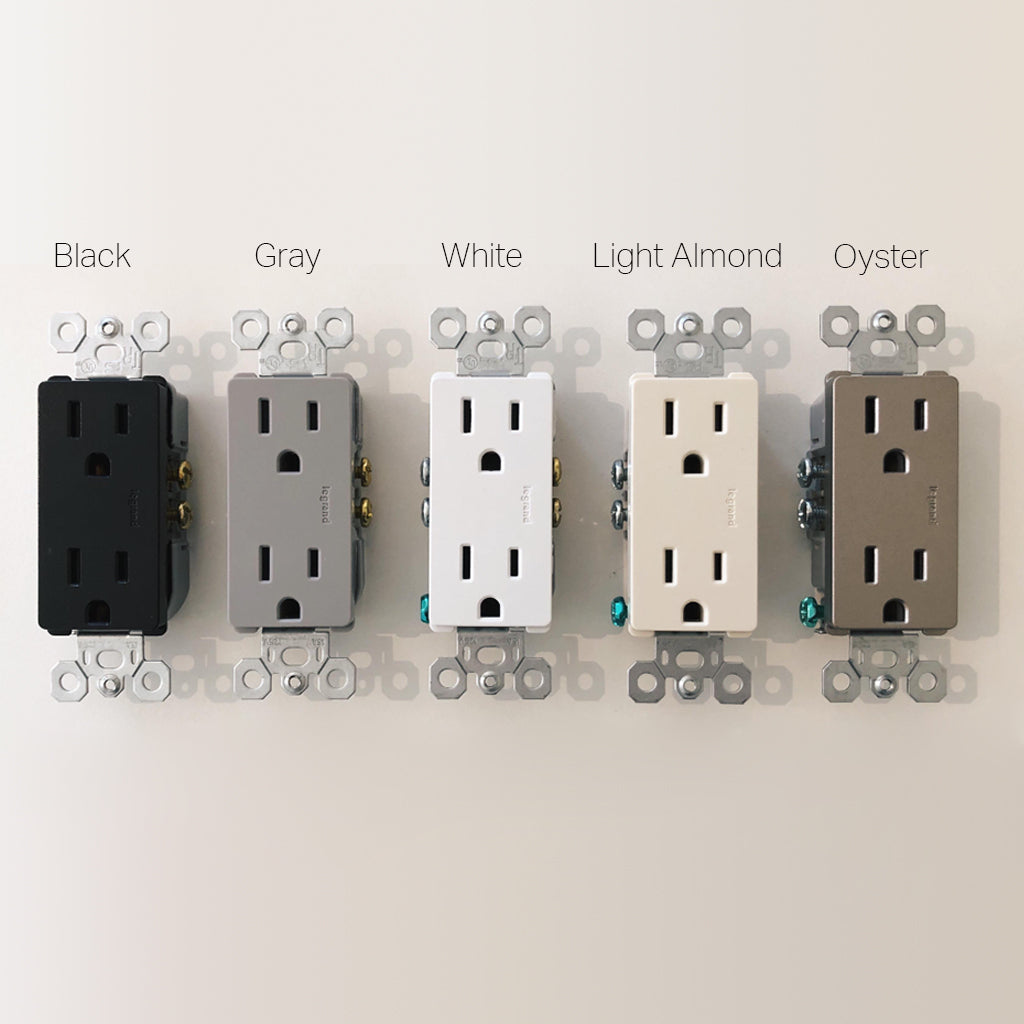 Forbes & Lomax invisible plate 1-gang outlets in black, gray, white, light almond and oyster.