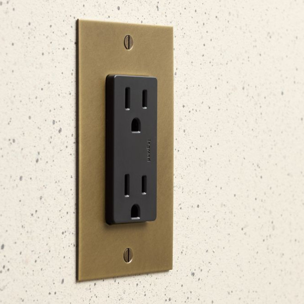 Aged brass Forbes & Lomax plate with a black US outlet.