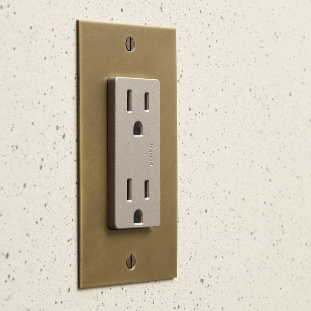 Aged brass Forbes & Lomax plate with a metallic steel US outlet.