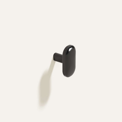 Oval Knob or Hook in polished black installed on a white wall.