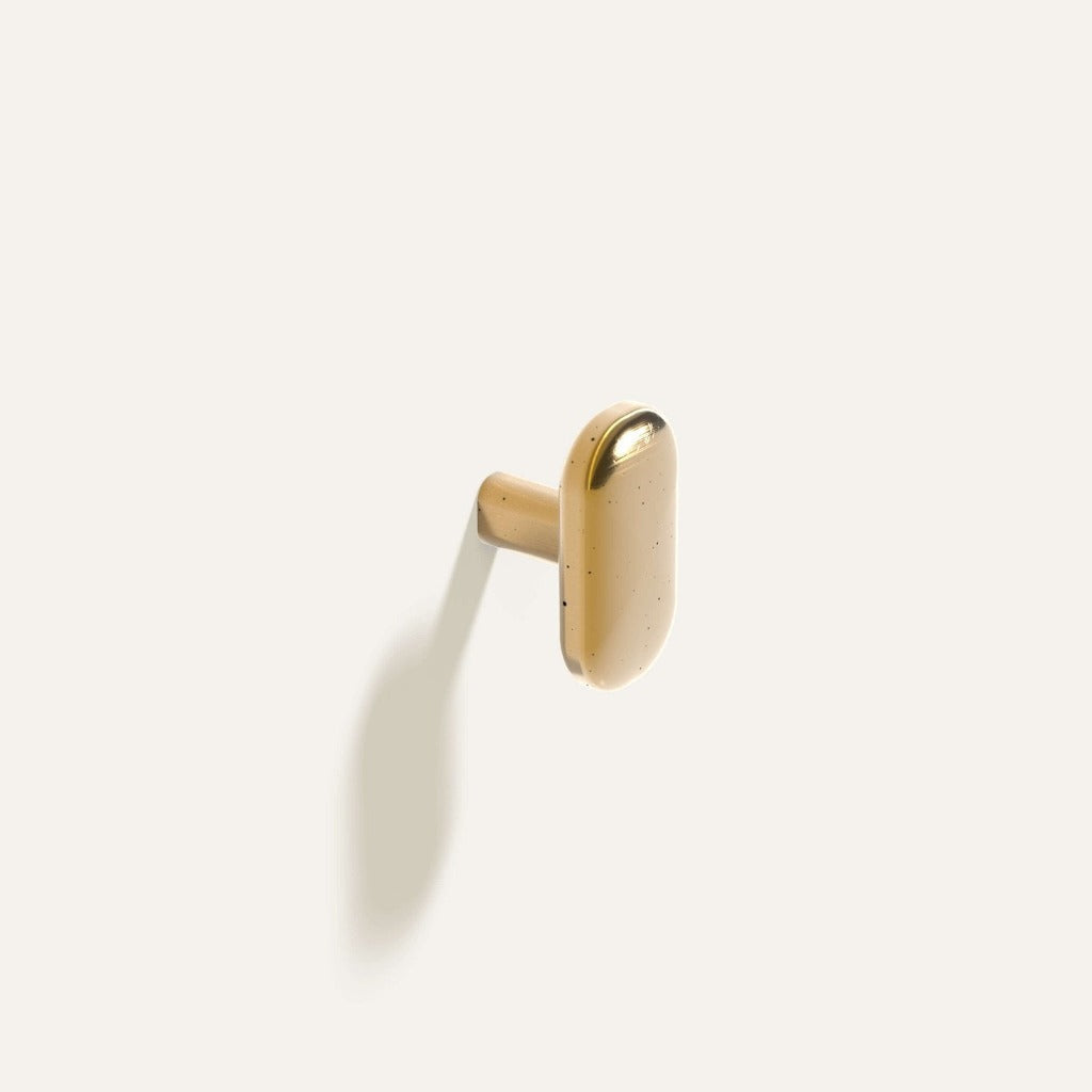 Oval Knob or Hook in polished natural bronze installed on a white wall.