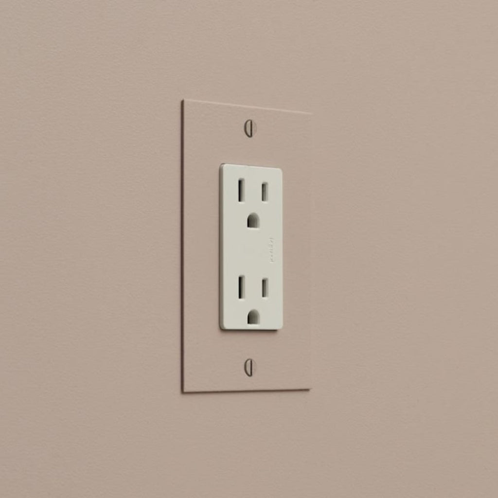 Taupe Forbes & Lomax painted plate with a white US outlet.