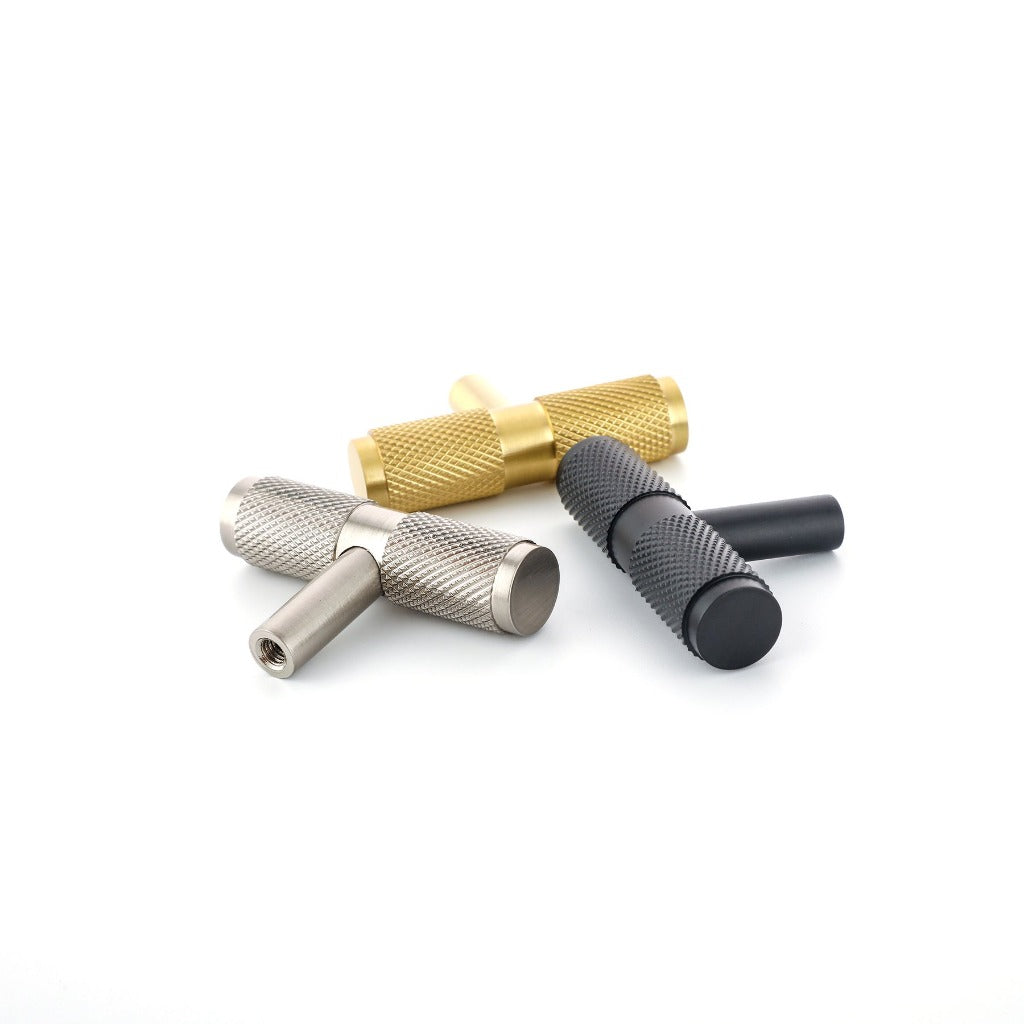Phatom Knurled T-Bar Pull made from solid brass in satin silver, matte black and satin brass finishes.