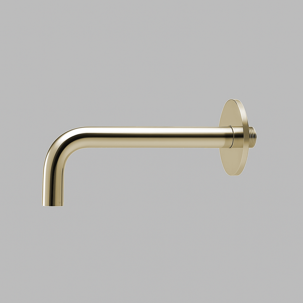 PVD satin brass d line Qtoo wall-mounted tap spout, a slim curved spout on a round rose.