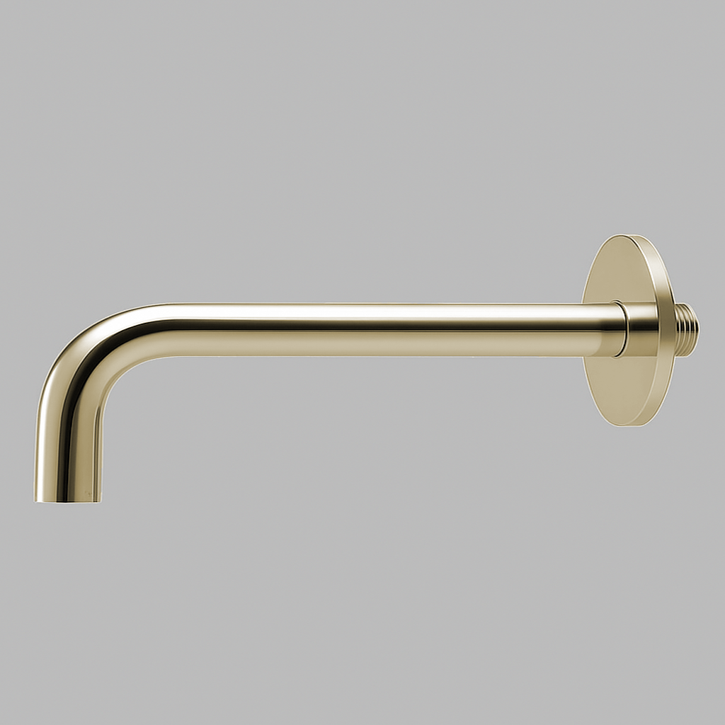 PVD satin brass d line Qtoo wall-mounted tap spout, a slim curved spout on a round rose.