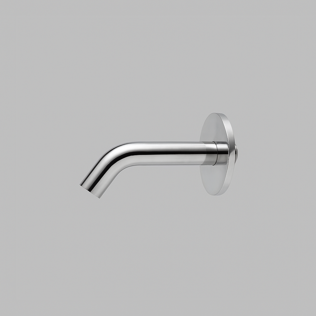 Satin stainless steel d line Qtoo wall-mounted tap spout, a slim curved spout on a round rose.