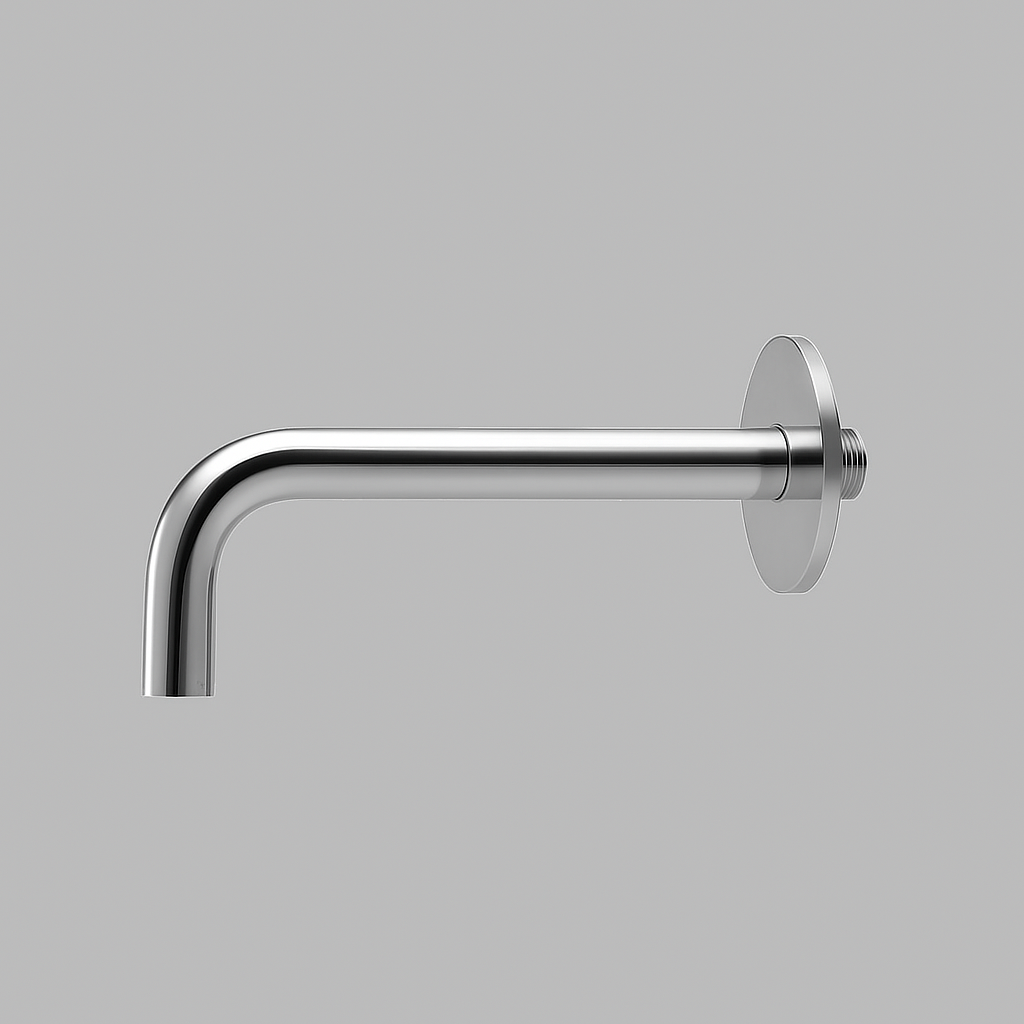 Satin stainless steel d line Qtoo wall-mounted tap spout, a slim curved spout on a round rose.