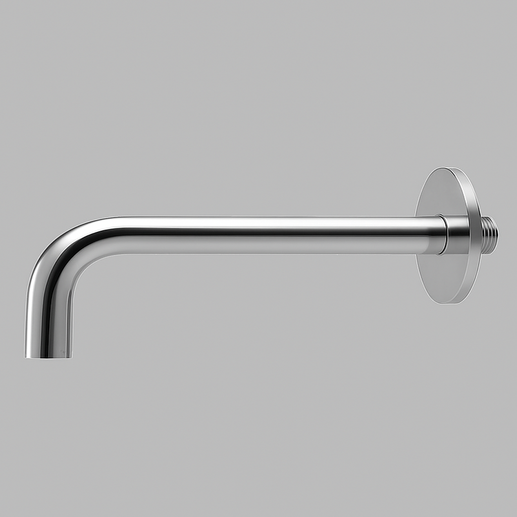 Satin stainless steel d line Qtoo wall-mounted tap spout, a slim curved spout on a round rose.